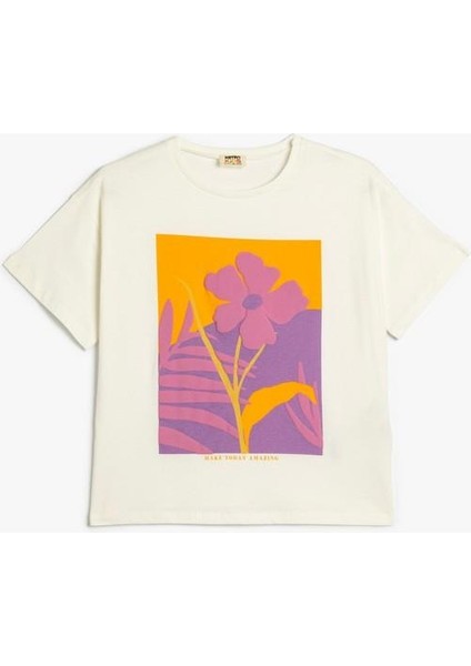 T-Shirt Çiçek Baskılı Kısa Kollu Bisiklet Yaka Pamuklu