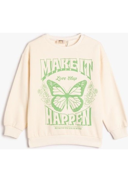 Kelebekli Sweatshirt Uzun Kollu Bisiklet Yaka Baskılı