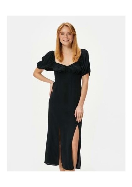 Midi Elbise Balon Kol Yırtmaçlı Kalp Yaka Viskon - Koton - 4SAK80024PW - Siyah - 36