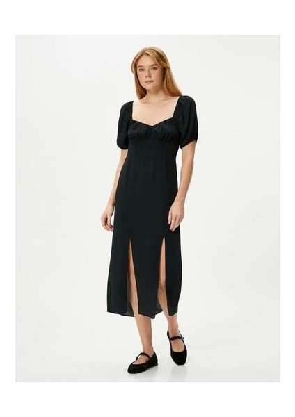 Midi Elbise Balon Kol Yırtmaçlı Kalp Yaka Viskon - Koton - 4SAK80024PW - Siyah - 36 fiyatları