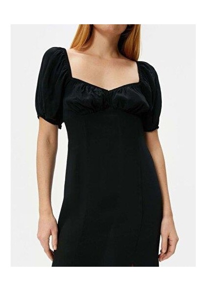 Midi Elbise Balon Kol Yırtmaçlı Kalp Yaka Viskon - Koton - 4SAK80024PW - Siyah - 36 modelleri