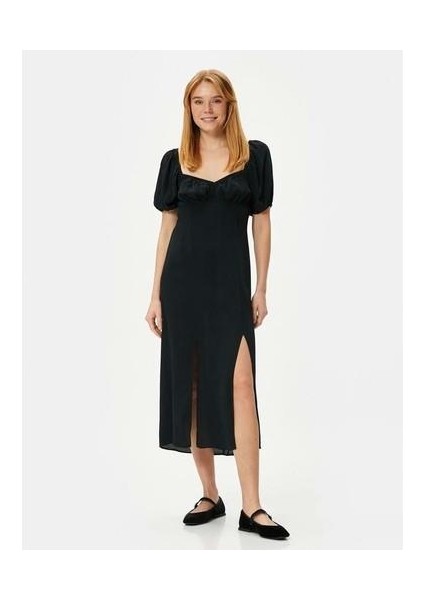 Midi Elbise Balon Kol Yırtmaçlı Kalp Yaka Viskon - Koton - 4SAK80024PW - Siyah - 36 fırsatları