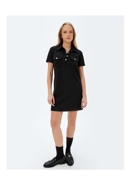 Polo Yaka Elbise Mini Boy A Kesim Kısa Kollu Inci Düğme ve Cep Detaylı modelleri