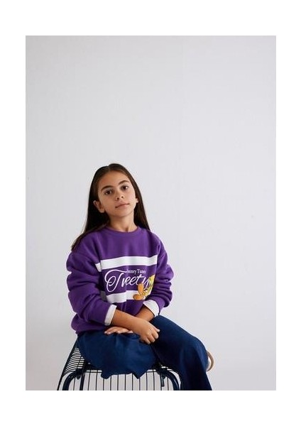 Tweety Baskılı Baskılı Mor Sweatshirt 7S10073-70633