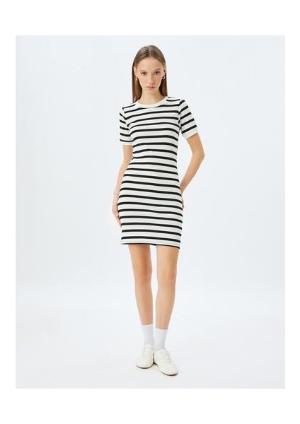 Mini Bisiklet Yaka Kısa Kollu Fitilli Slim Fit Elbise