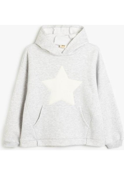 Kapşonlu Sweatshirt Kanguru Cepli Uzun Kollu Yıldız Baskılı Şardonlu