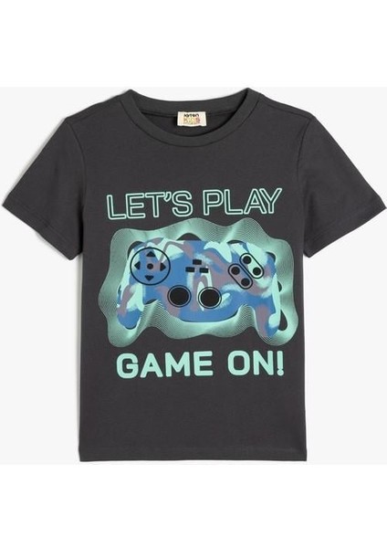 Oyun Baskılı Pamuklu Kısa Kollu Bisiklet Yaka T-Shirt
