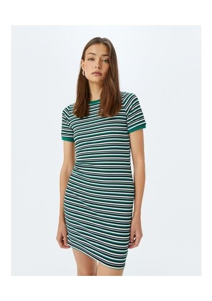 Bisiklet Yaka Kısa Kollu Fitilli Mini Bodycon Elbise
