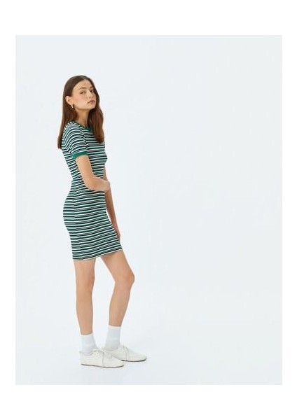 Bisiklet Yaka Kısa Kollu Fitilli Mini Bodycon Elbise
