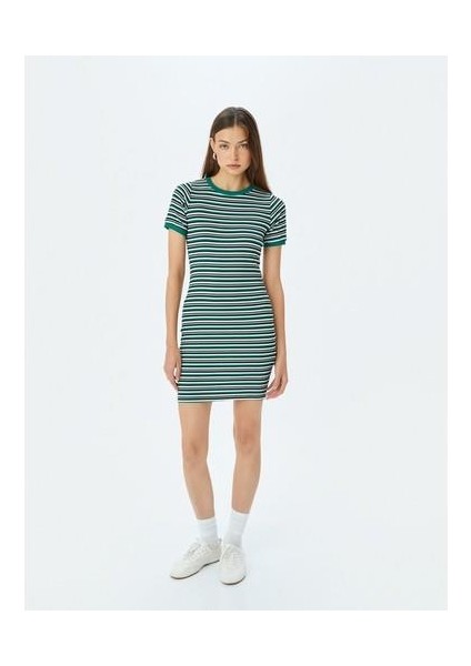 Bisiklet Yaka Kısa Kollu Fitilli Mini Bodycon Elbise