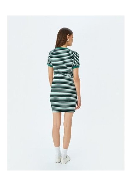 Bisiklet Yaka Kısa Kollu Fitilli Mini Bodycon Elbise