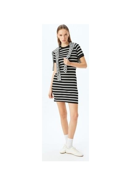 Bisiklet Yaka Kısa Kollu Fitilli Mini Bodycon Elbise