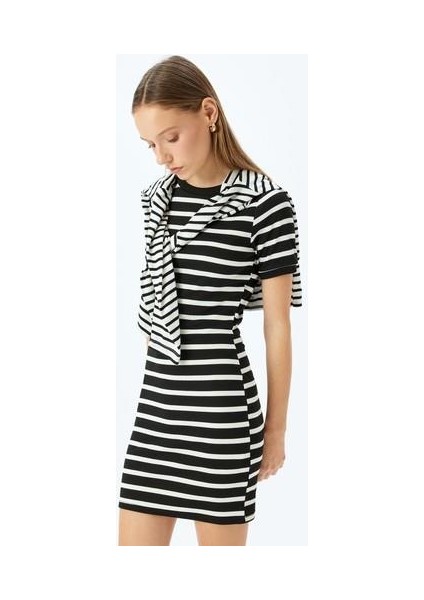 Bisiklet Yaka Kısa Kollu Fitilli Mini Bodycon Elbise fiyatları