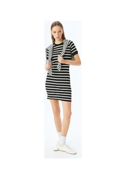 Bisiklet Yaka Kısa Kollu Fitilli Mini Bodycon Elbise modelleri
