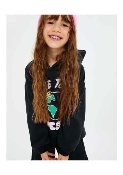 Kapşonlu Sweatshirt Uzun Kollu Baskı Detaylı Şardonlu