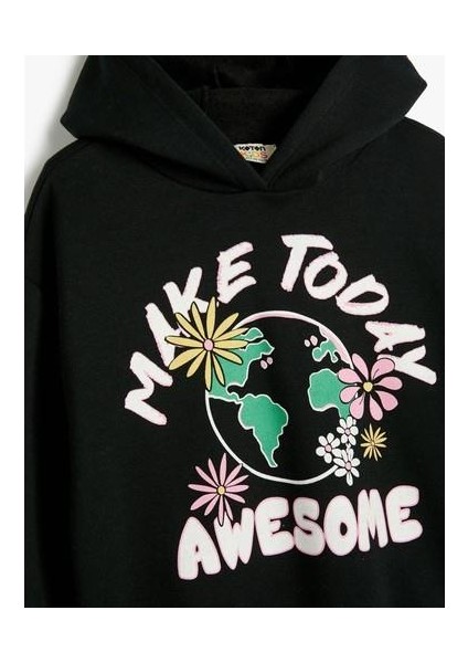 Kapşonlu Sweatshirt Uzun Kollu Baskı Detaylı Şardonlu indirimleri