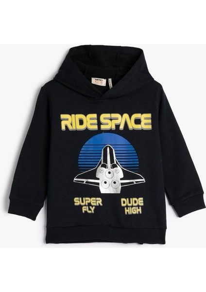 Kapşonlu Sweatshirt Şardonlu Uzay Temalı Baskılı