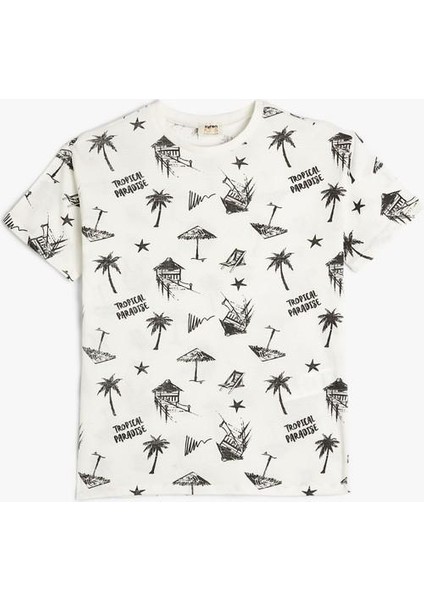Tişört Tropik Baskılı Kısa Kollu Bisiklet Yaka Pamuklu