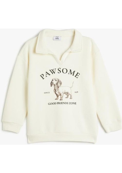 Polo Yaka Sweatshirt Köpek Baskılı Uzun Kollu Şardonlu