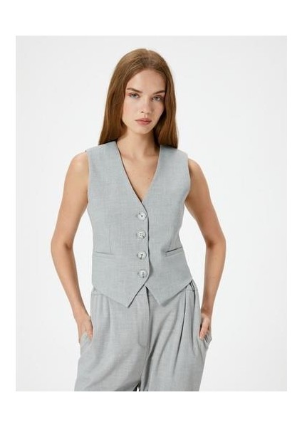 Blazer Yelek Düğmeli V Yaka Arkası Kemer Detaylı Rahat Kalıp fiyatları