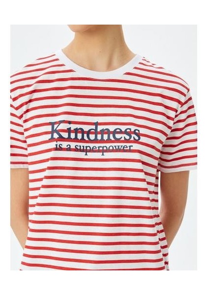 Bisiklet Yaka Kısa Kollu Pamuklu Baskılı Çizgili T-Shirt indirimleri