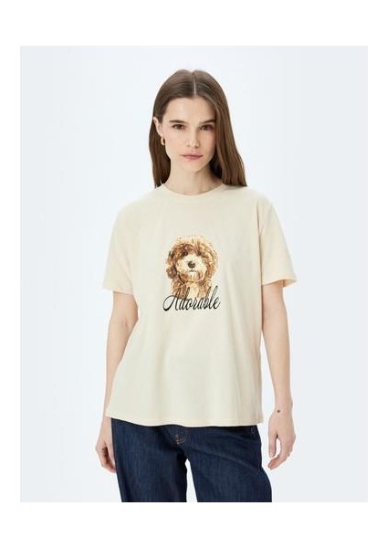 Köpek Baskılı Kısa Kollu Bisiklet Yaka T-Shirt
