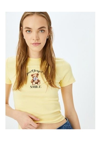 Ayı Baskılı Kısa Kollu Bisiklet Yaka Slim Fit Tişört