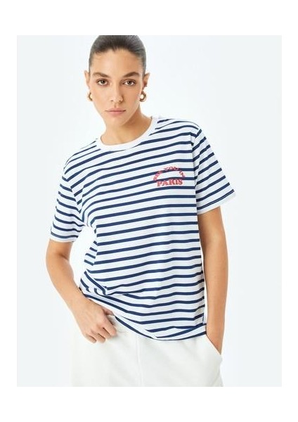 Baskı Detaylı Bisiklet Yaka Pamuklu Çizgili T-Shirt