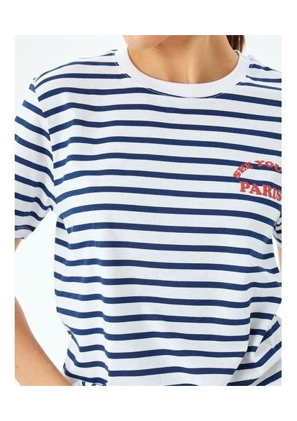 Baskı Detaylı Bisiklet Yaka Pamuklu Çizgili T-Shirt