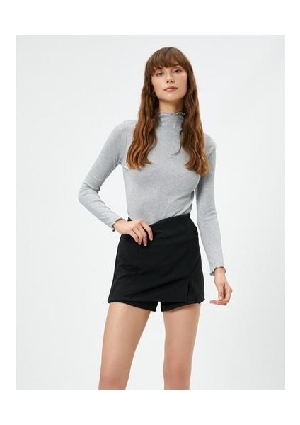 Uzun Kollu Tişört Simli Dik Yaka Fırfırlı