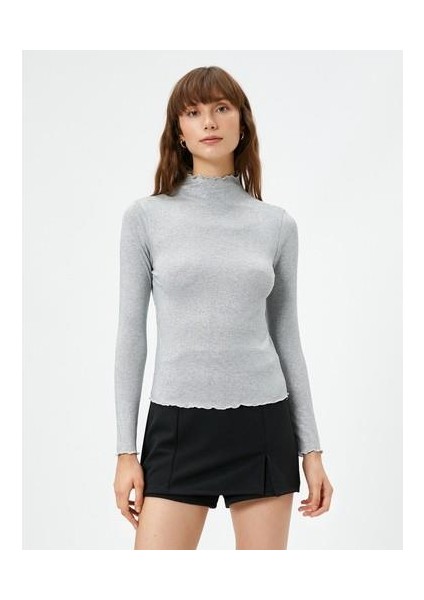 Uzun Kollu Tişört Simli Dik Yaka Fırfırlı modelleri