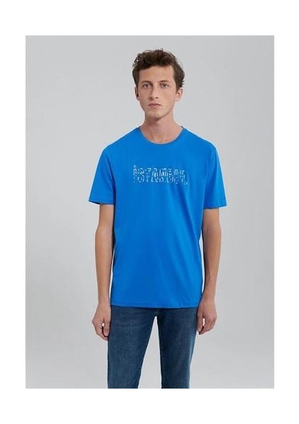 M067115-81347 Gök Mavi Erkek Regular Istanbul Baskılı T-Shirt