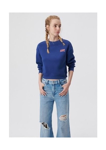 Logo Baskılı Lacivert Crop Sweatshirt 1611601-70722