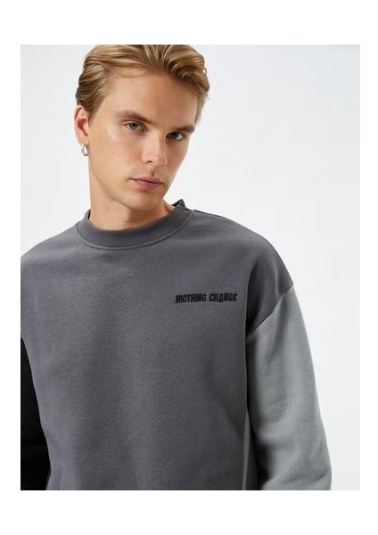 Bisiklet Yaka Sweatshirt Renk Bloklu Slogan Işlemeli Ribanalı fiyatları