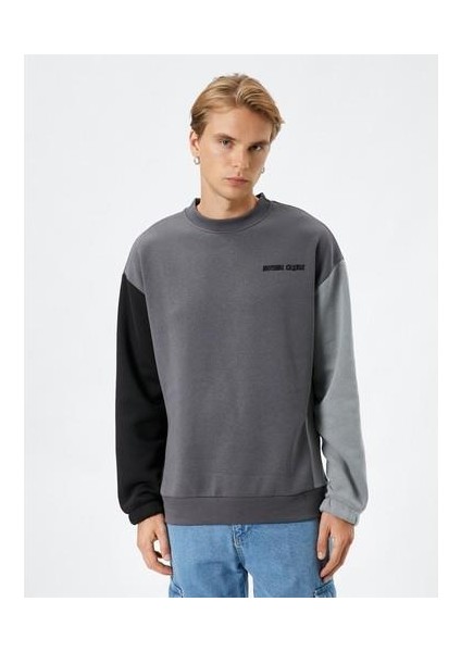 Bisiklet Yaka Sweatshirt Renk Bloklu Slogan Işlemeli Ribanalı modelleri