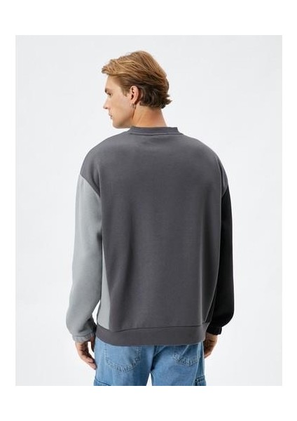 Bisiklet Yaka Sweatshirt Renk Bloklu Slogan Işlemeli Ribanalı fırsatları