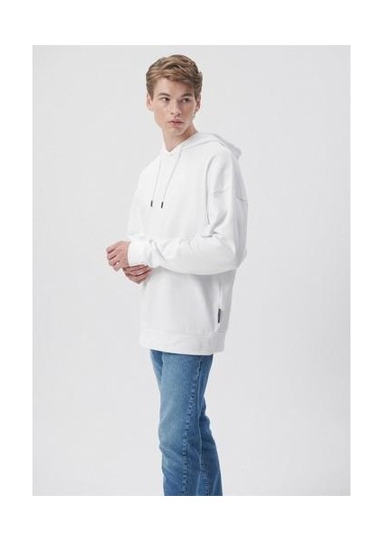 Erkek Kapüşonlu Beyaz Basic Sweatshirt 0610062-620
