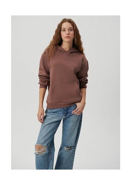 Kadın Kapüşonlu Kahverengi Basic Sweatshirt 167299-70383