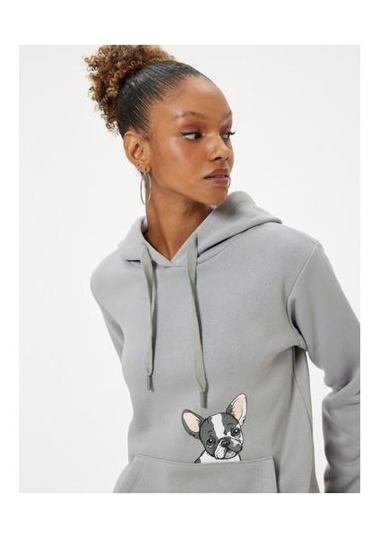 Oversize Kapüşonlu Sweatshirt Kanguru Cep Detaylı Köpek Baskılı Şardonlu