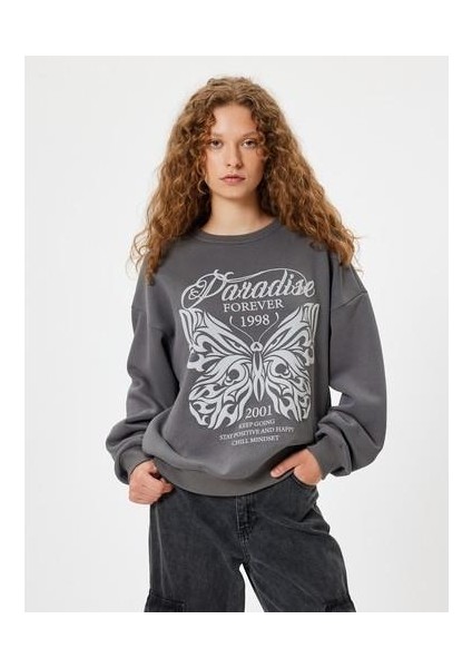 Oversize Sweatshirt Kelebek Baskılı Bisiklet Yaka Şardonlu fiyatları