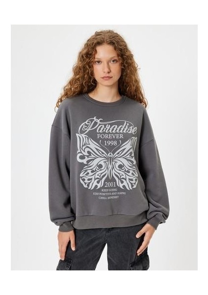 Oversize Sweatshirt Kelebek Baskılı Bisiklet Yaka Şardonlu modelleri