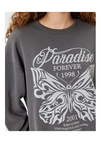 Oversize Sweatshirt Kelebek Baskılı Bisiklet Yaka Şardonlu indirimleri