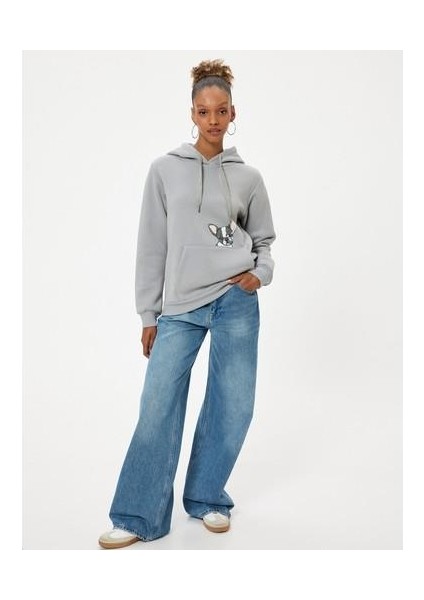 Oversize Kapüşonlu Sweatshirt Kanguru Cep Detaylı Köpek Baskılı Şardonlu