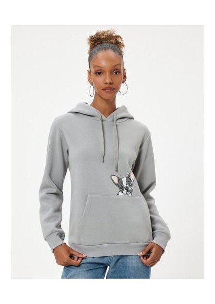 Oversize Kapüşonlu Sweatshirt Kanguru Cep Detaylı Köpek Baskılı Şardonlu