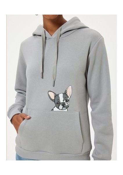 Oversize Kapüşonlu Sweatshirt Kanguru Cep Detaylı Köpek Baskılı Şardonlu