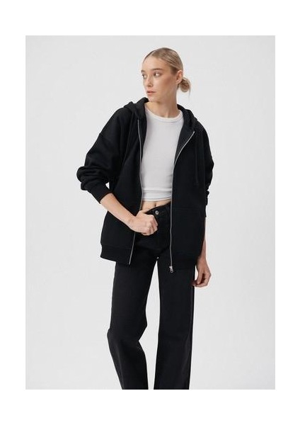 Kapüşonlu Fermuarlı Siyah Sweatshirt 1610221-900
