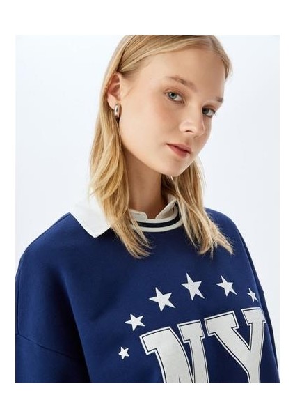 Kolej Baskılı Biyeli Bisiklet Yaka Şardonlu Oversize Sweatshirt
