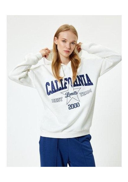 Oversize Kapüşonlu Sweatshirt Kolej Işlemeli Uzun Kollu Şardonlu