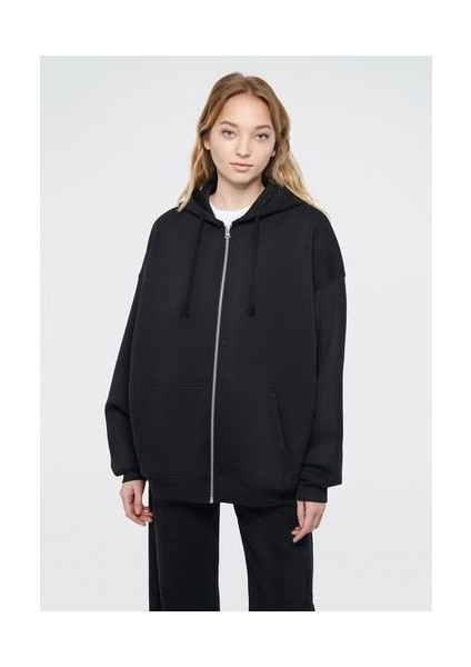 Kapüşonlu Fermuarlı Siyah Sweatshirt 1610221-900