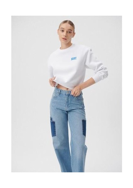 Mavi Logo Baskılı Beyaz Crop Sweatshirt 1611601-620
